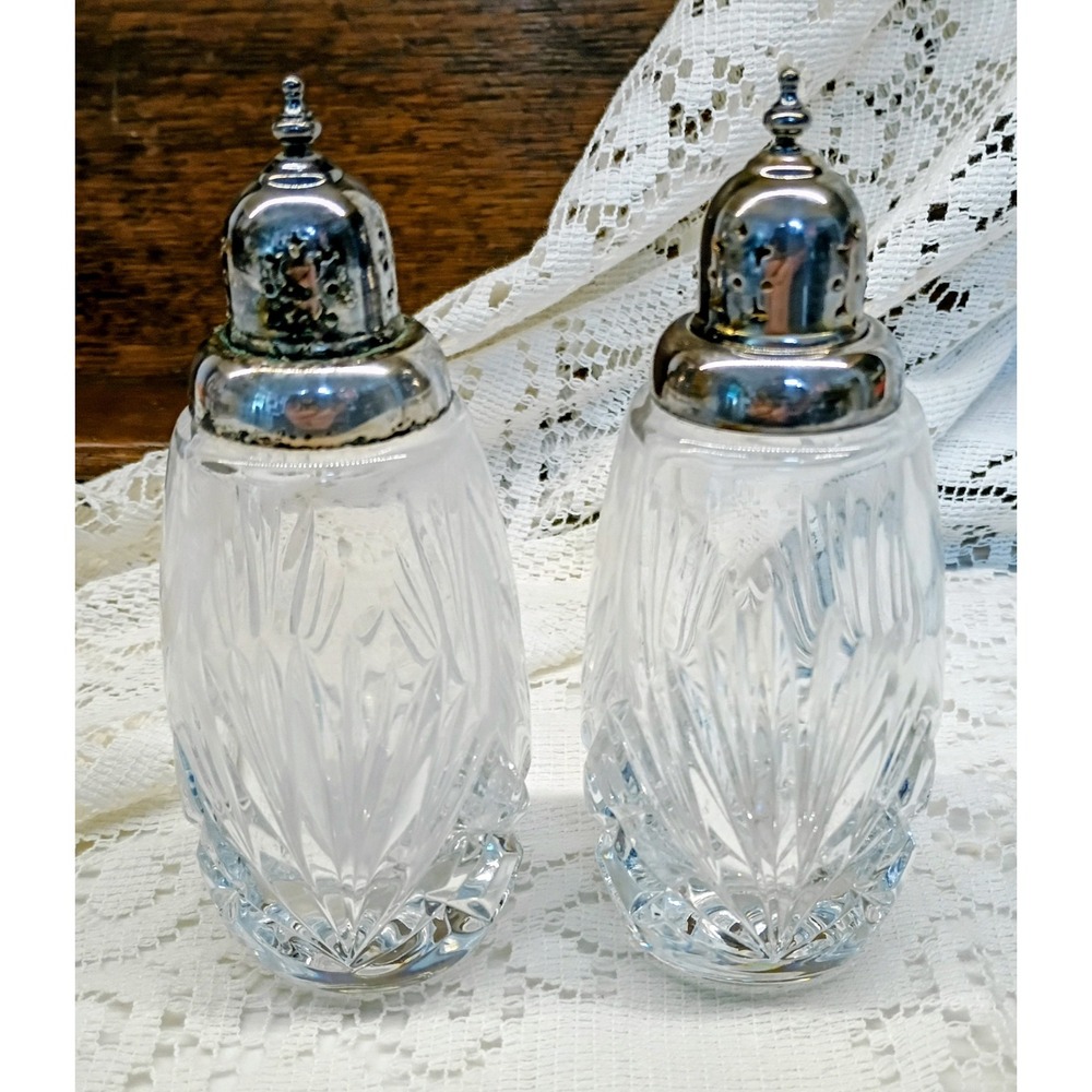 Vintage Cut Crystal Salt and Pepper Shakers Set Silver Tone‎ Ornate Lids 5.25"
